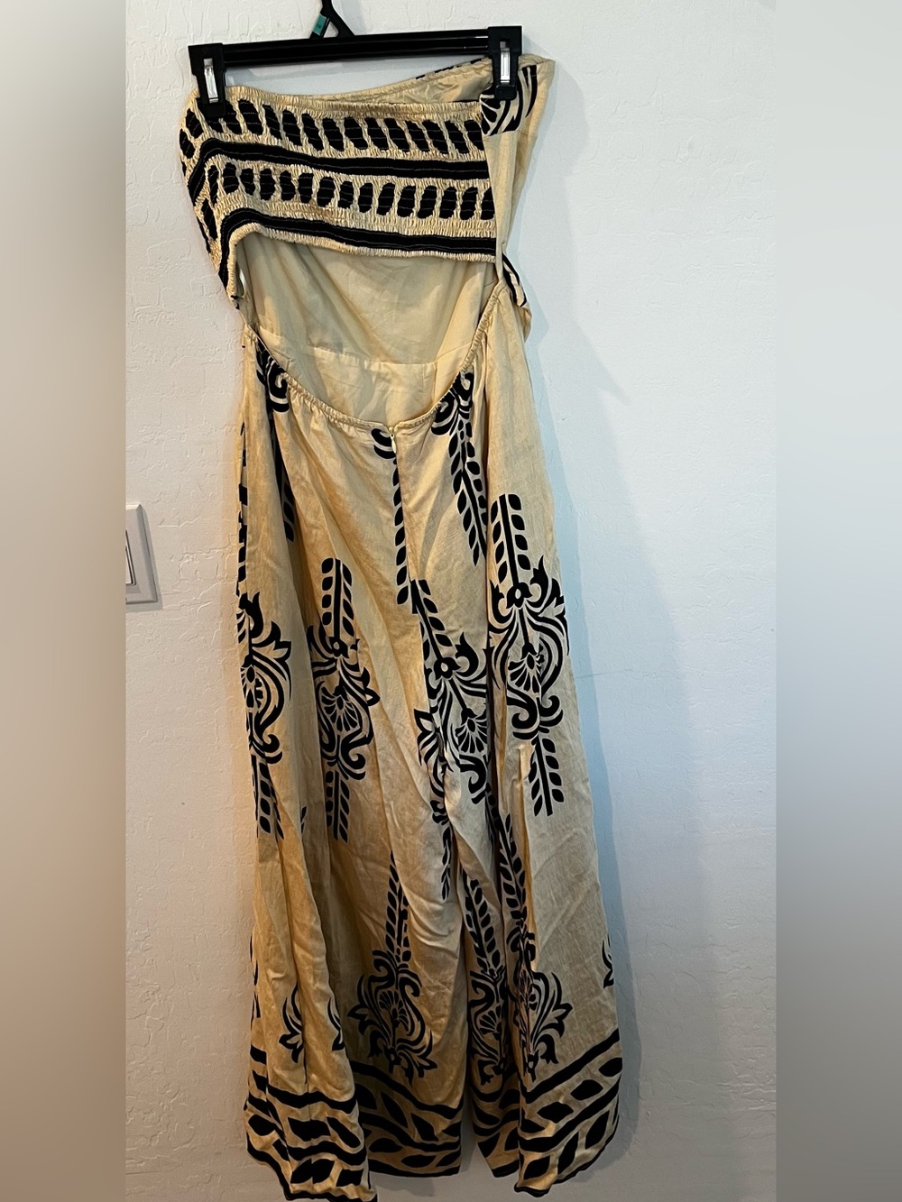 NWOT Strapless Cream Jumpsuit with Black Print and Self-Tie Waist - Picture 3 of 3